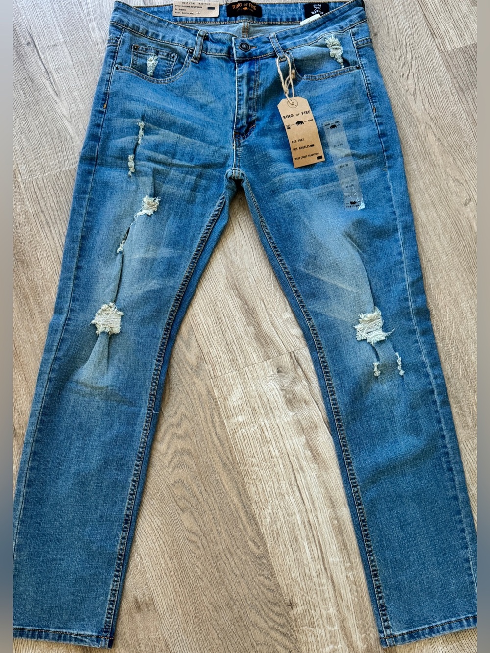 Ring of Fire Slim Straight Distressed Blue Jeans